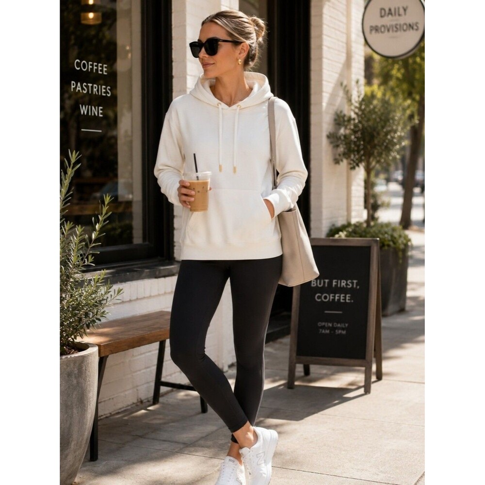 White Hoodie L Thumb Holes Gold Zippers Kangaroo Pocket Quiet Luxury Activewear